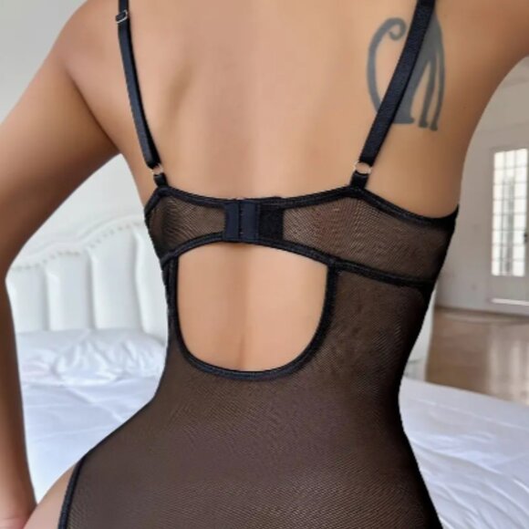 Leopard Print Black Mesh Teddy One-Piece Bodysuit - Picture 5 of 6